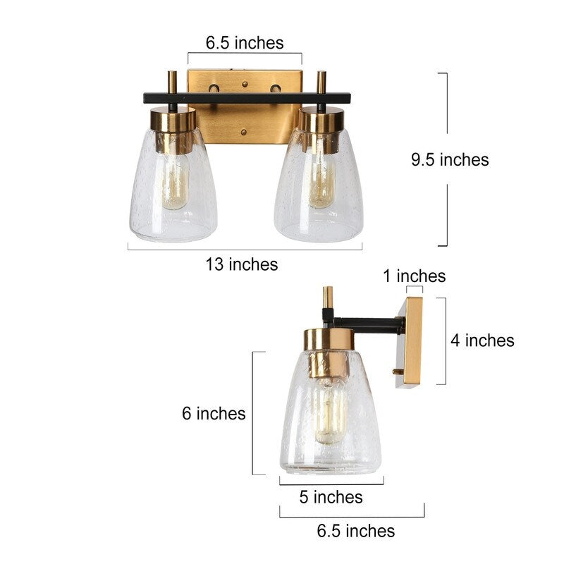 Modern 2-Light Black Gold Bathroom Vanity Lights Wall Sconces with Seeded Glass - 13" L x 6.5" W x 9.5" H