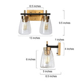 Modern 2-Light Black Gold Bathroom Vanity Lights Wall Sconces with Seeded Glass - 13" L x 6.5" W x 9.5" H