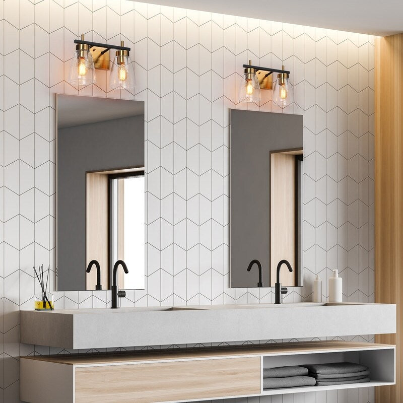 Modern 2-Light Black Gold Bathroom Vanity Lights Wall Sconces with Seeded Glass - 13" L x 6.5" W x 9.5" H