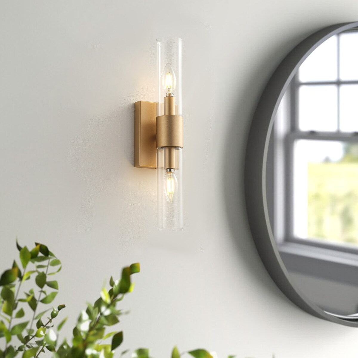 Modern 2-Light Cylinder Clear Glass Candle Wall Sconce for Bathroom Hallway