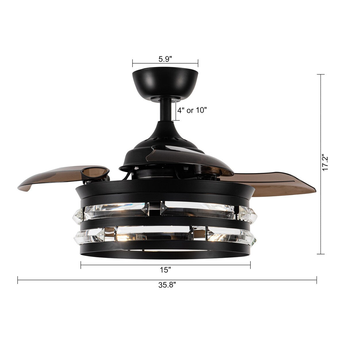 36-in Modern 3-Blade Matte Black Cage Retractable Crystal Ceiling Fan with Remote and Light Kit - 35.83-in W x 16.74-in H