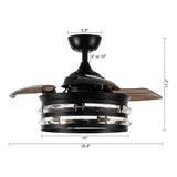 36-in Modern 3-Blade Matte Black Cage Retractable Crystal Ceiling Fan with Remote and Light Kit - 35.83-in W x 16.74-in H