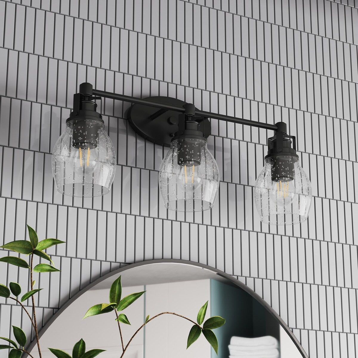 Modern 3-Light Bathroom Vanity Light in Black Finish with Seeded Glass Shade