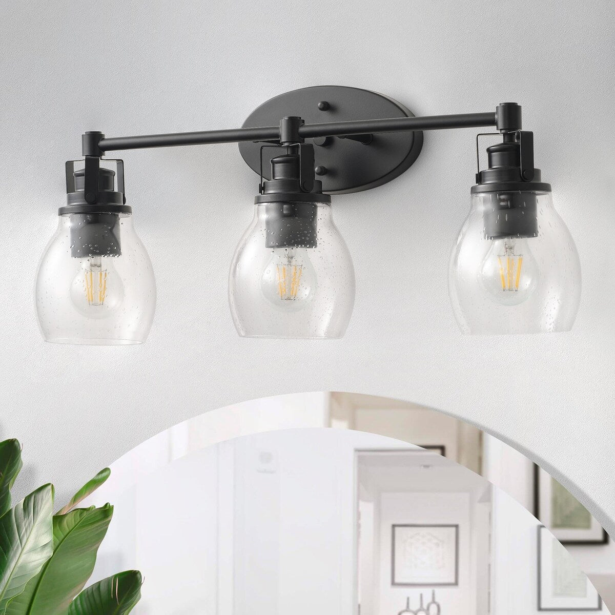 Modern 3-Light Bathroom Vanity Light in Black Finish with Seeded Glass Shade