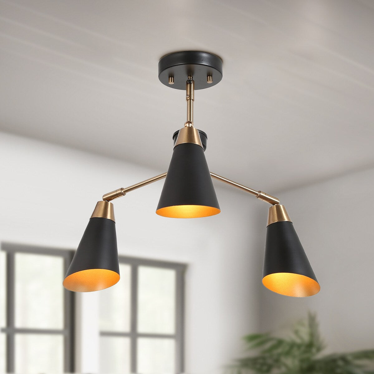 Modern 3-Light Metal Black Gold Chandeliers Semi-Flush Ceiling Light for Kitchen - 22"Dia x 14.5"H
