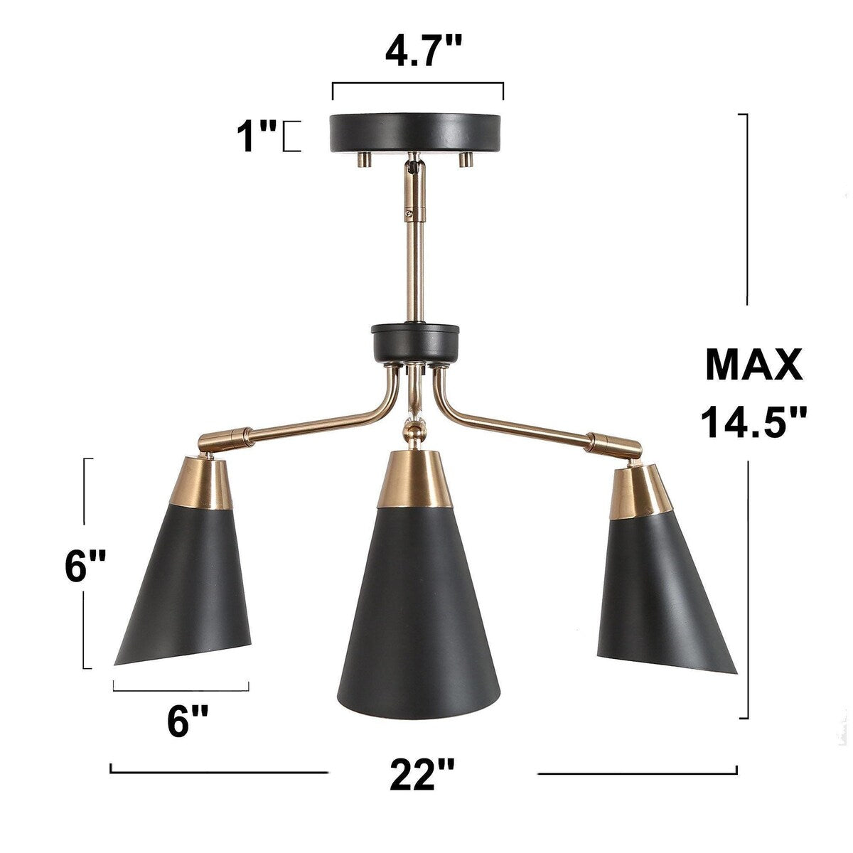 Modern 3-Light Metal Black Gold Chandeliers Semi-Flush Ceiling Light for Kitchen - 22"Dia x 14.5"H