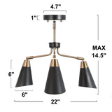 Modern 3-Light Metal Black Gold Chandeliers Semi-Flush Ceiling Light for Kitchen - 22"Dia x 14.5"H