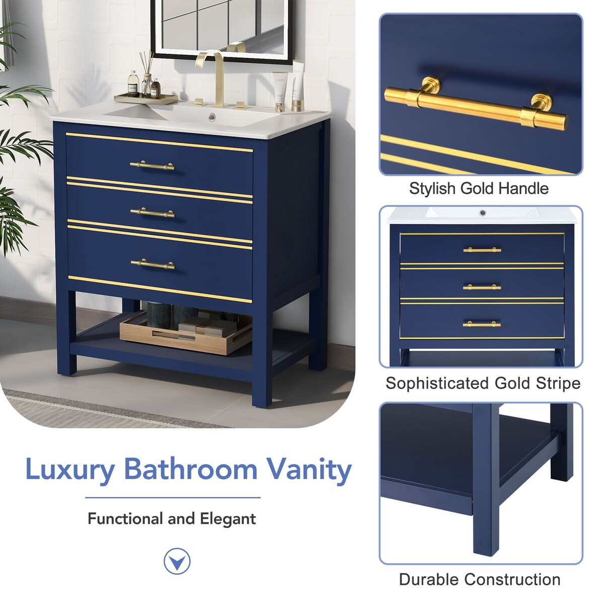 Modern 30inch Navy Blue/White Bathroom Vanity Cabinet Combo with Open Storge, Two Drawers Storge, Two Drawers