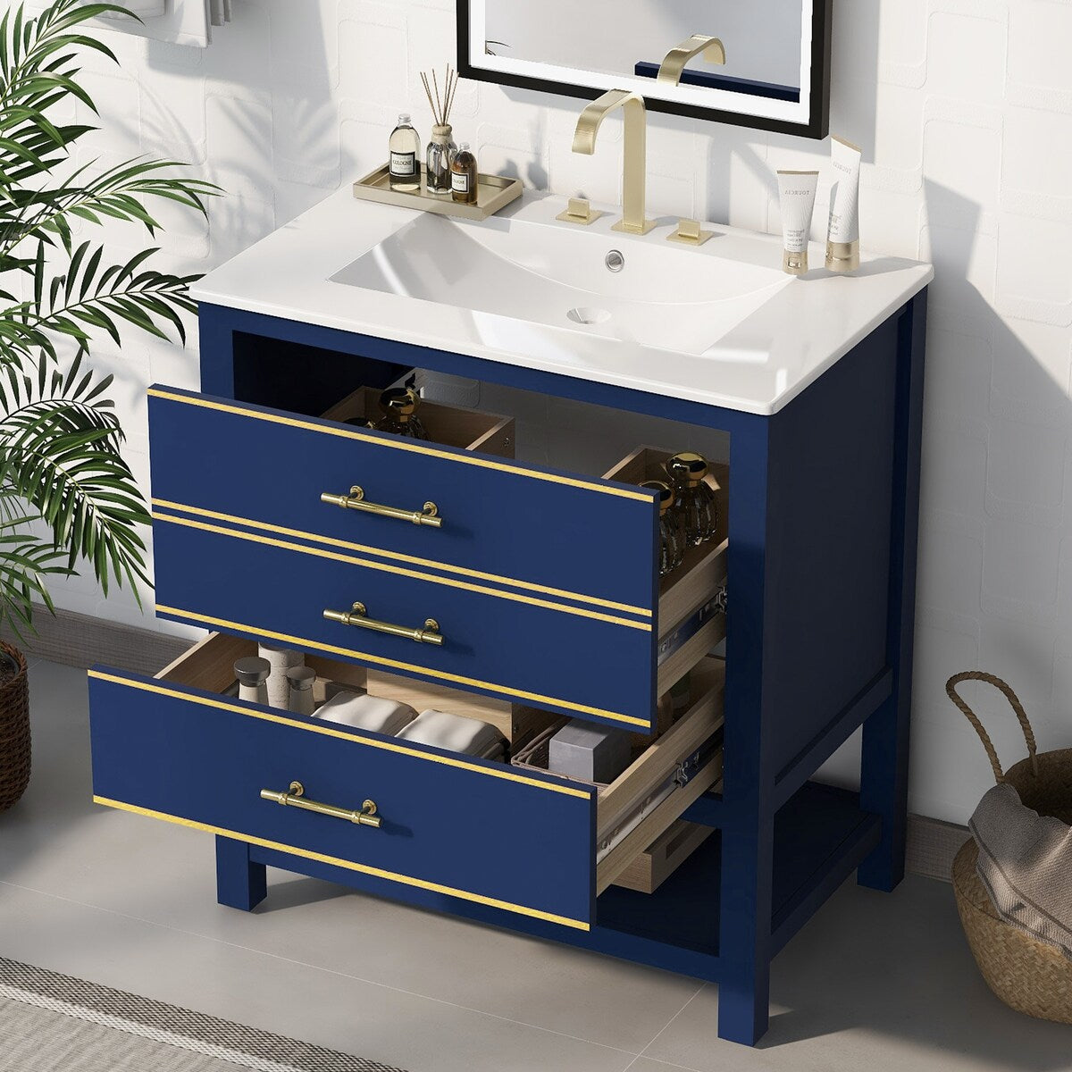 Modern 30inch Navy Blue/White Bathroom Vanity Cabinet Combo with Open Storge, Two Drawers Storge, Two Drawers
