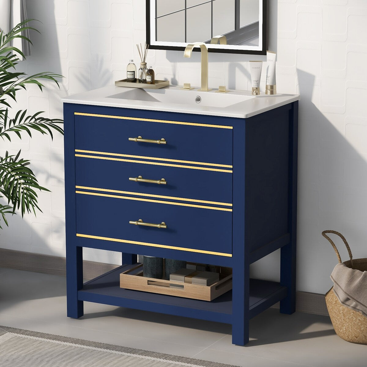 Modern 30inch Navy Blue/White Bathroom Vanity Cabinet Combo with Open Storge, Two Drawers Storge, Two Drawers
