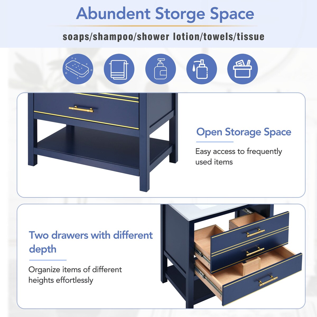 Modern 30inch Navy Blue/White Bathroom Vanity Cabinet Combo with Open Storge, Two Drawers Storge, Two Drawers