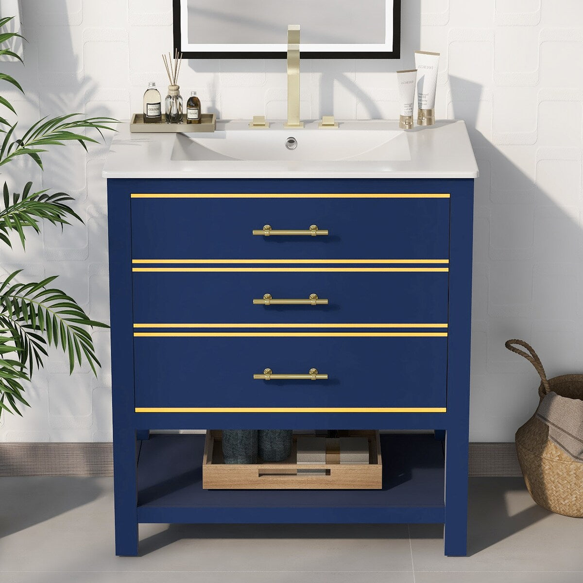 Modern 30inch Navy Blue/White Bathroom Vanity Cabinet Combo with Open Storge, Two Drawers Storge, Two Drawers