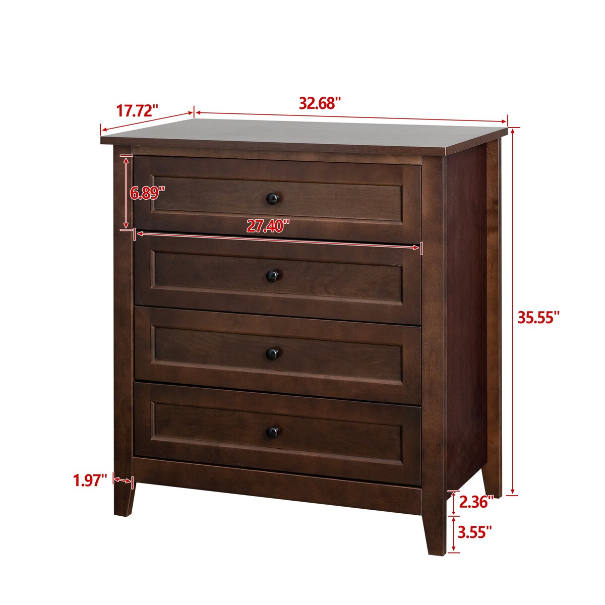 Modern 36-in Storage Solid Wood Retro Round Handle Side Cabinet with 4-Drawers