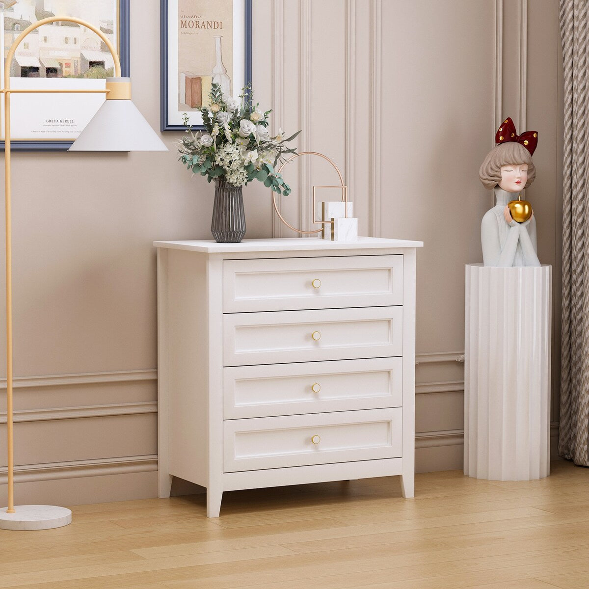 Modern 36-in Storage Solid Wood Retro Round Handle Side Cabinet with 4-Drawers