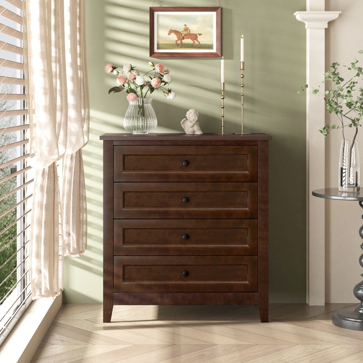 Modern 36-in Storage Solid Wood Retro Round Handle Side Cabinet with 4-Drawers
