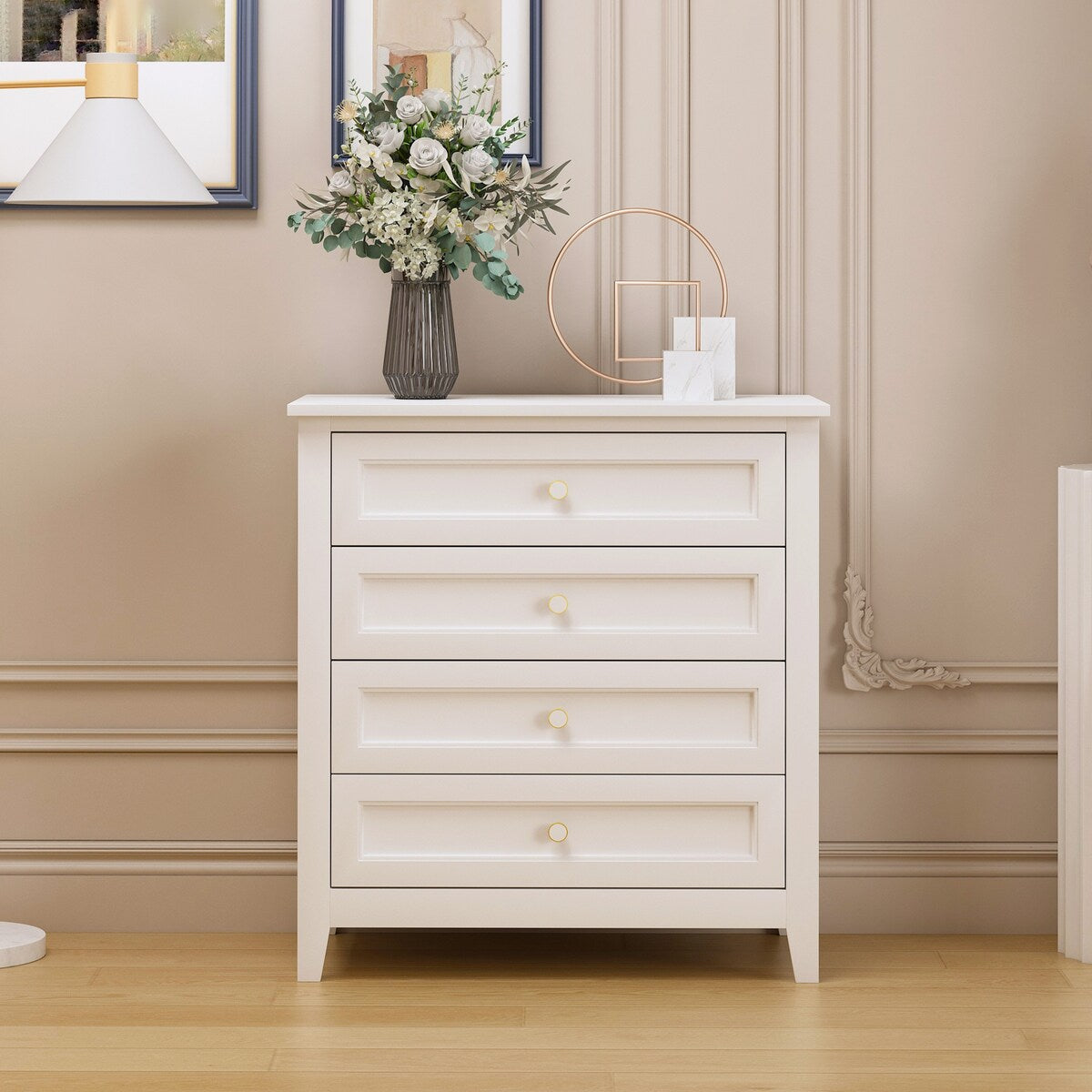 Modern 36-in Storage Solid Wood Retro Round Handle Side Cabinet with 4-Drawers