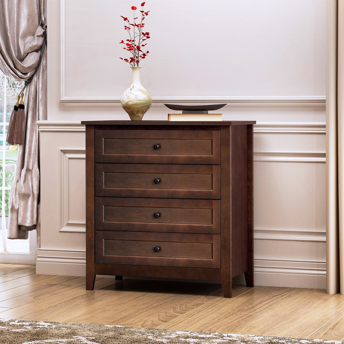 Modern 36-in Storage Solid Wood Retro Round Handle Side Cabinet with 4-Drawers