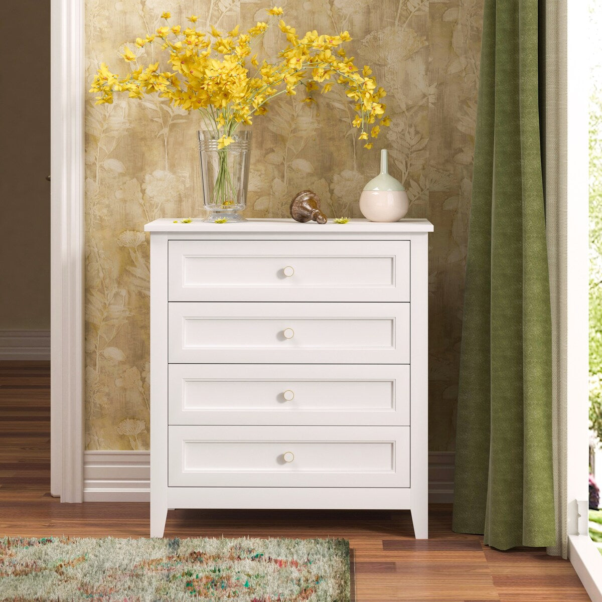 Modern 36-in Storage Solid Wood Retro Round Handle Side Cabinet with 4-Drawers