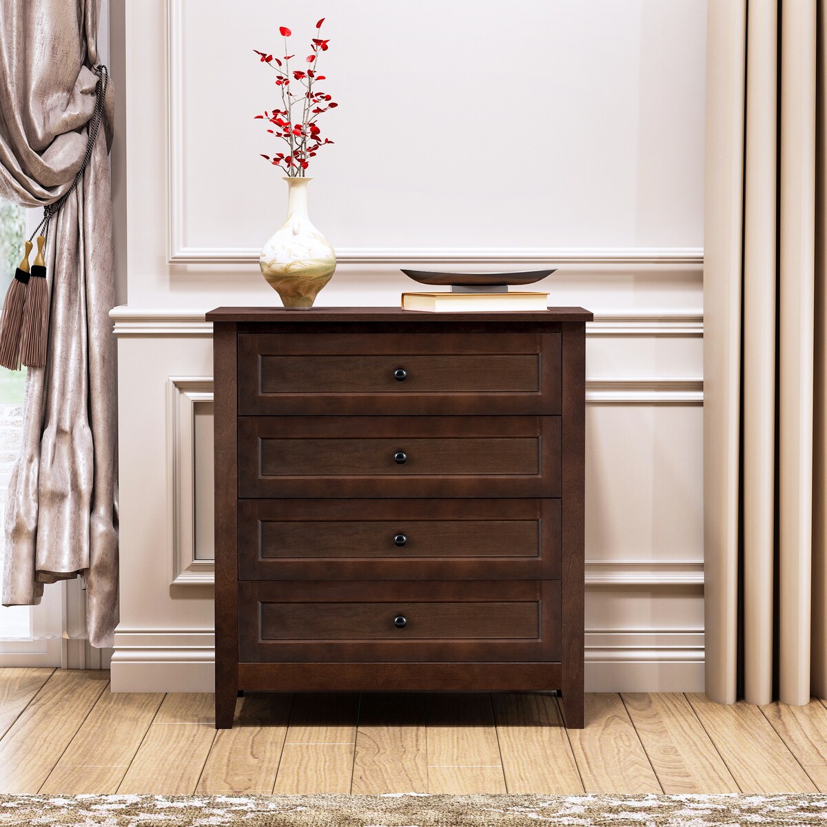 Modern 36-in Storage Solid Wood Retro Round Handle Side Cabinet with 4-Drawers