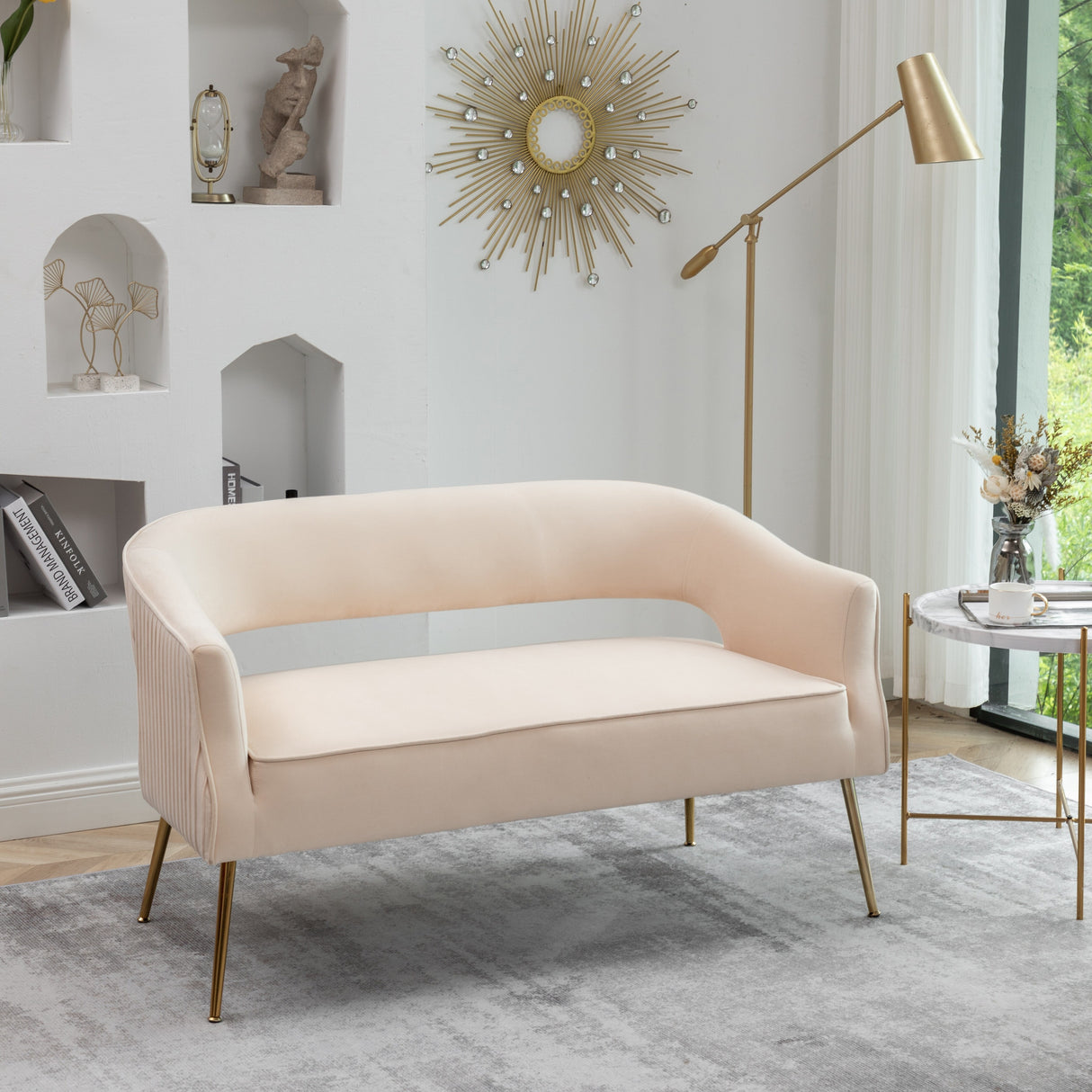 SEYNAR Modern 51'' Velvet Tufted Loveseat Open Back with Golden Metal Legs