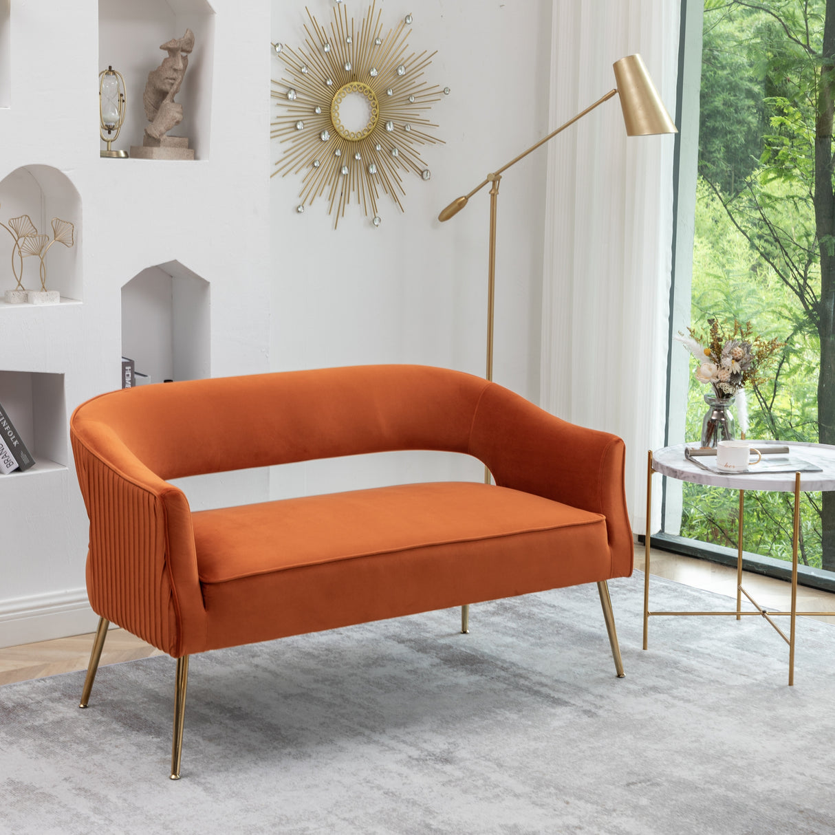 SEYNAR Modern 51'' Velvet Tufted Loveseat Open Back with Golden Metal Legs