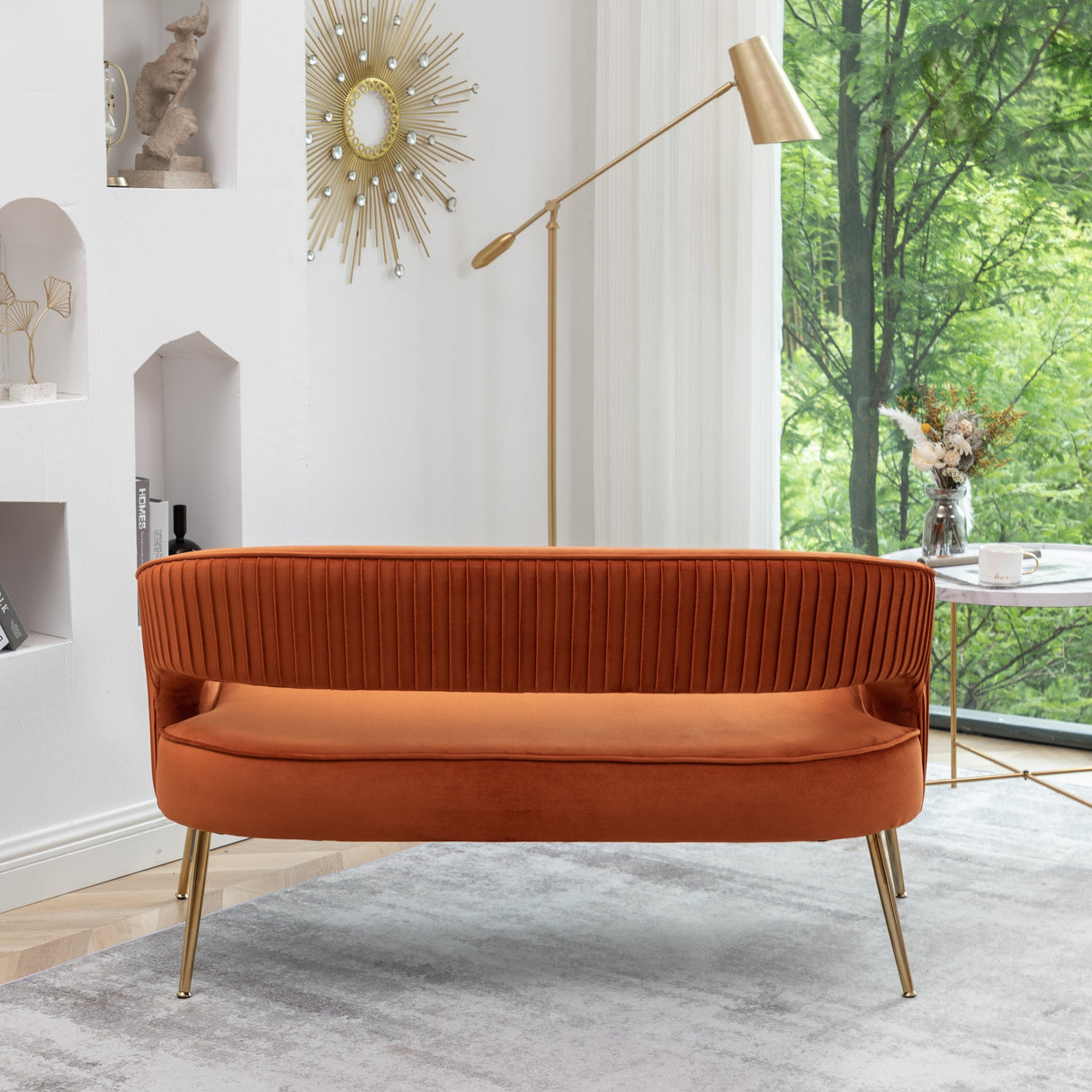 SEYNAR Modern 51'' Velvet Tufted Loveseat Open Back with Golden Metal Legs