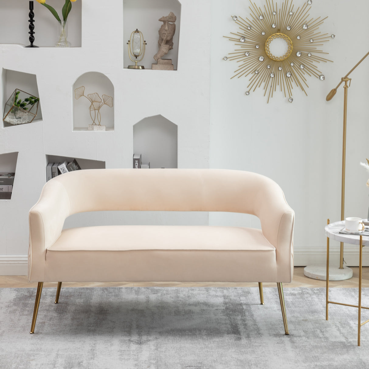 SEYNAR Modern 51'' Velvet Tufted Loveseat Open Back with Golden Metal Legs