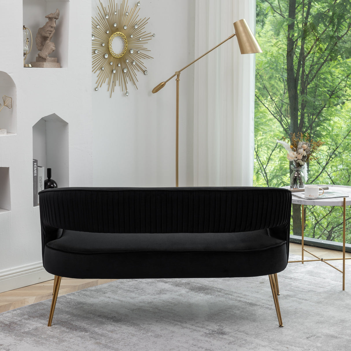 SEYNAR Modern 51'' Velvet Tufted Loveseat Open Back with Golden Metal Legs