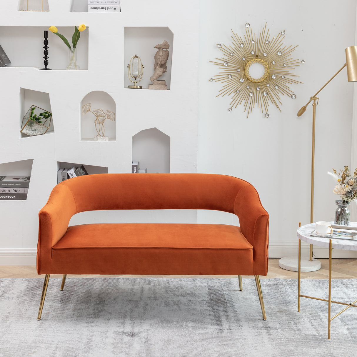 SEYNAR Modern 51'' Velvet Tufted Loveseat Open Back with Golden Metal Legs