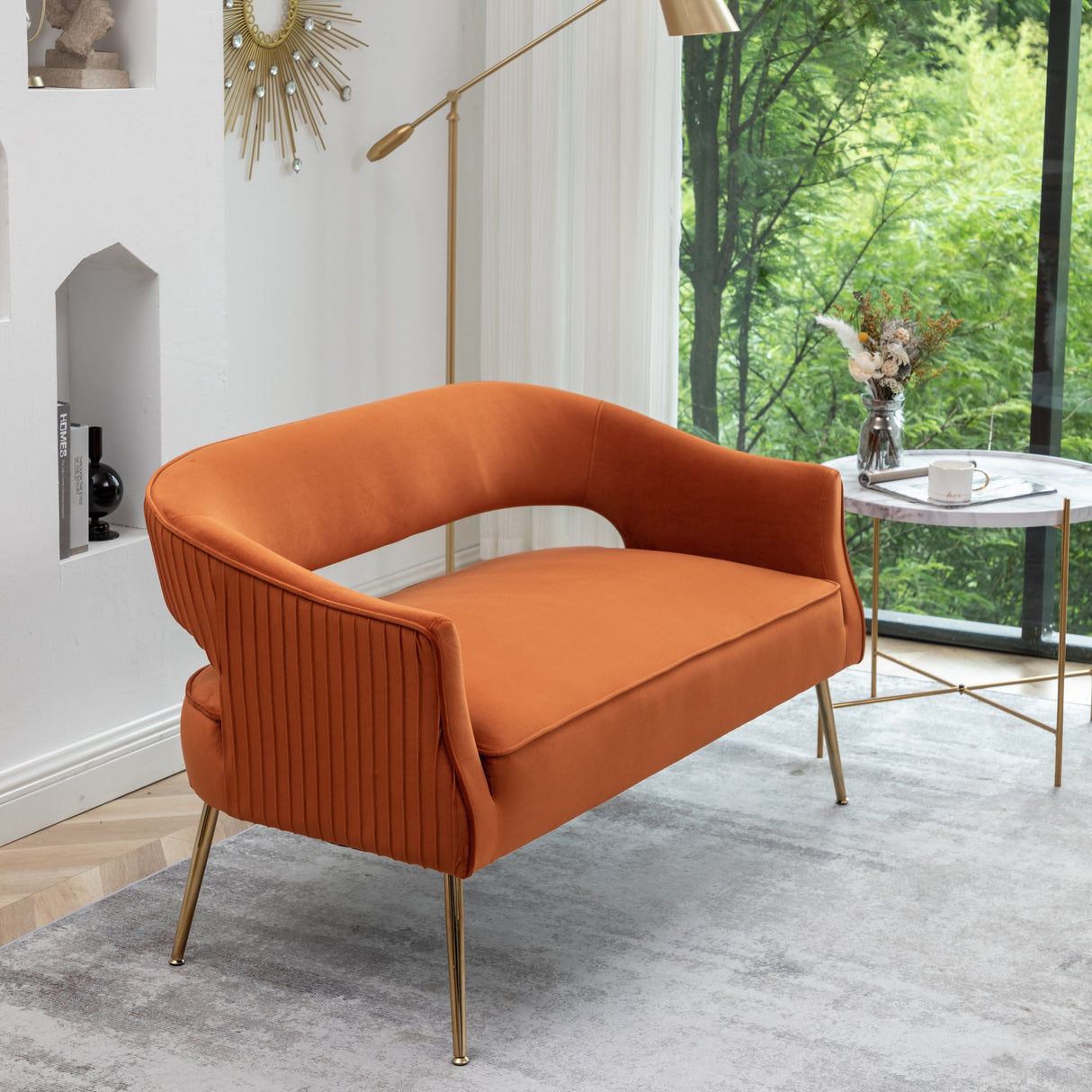 SEYNAR Modern 51'' Velvet Tufted Loveseat Open Back with Golden Metal Legs