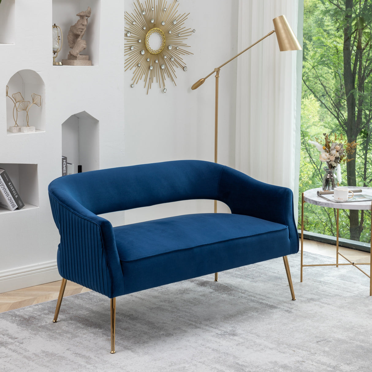 SEYNAR Modern 51'' Velvet Tufted Loveseat Open Back with Golden Metal Legs