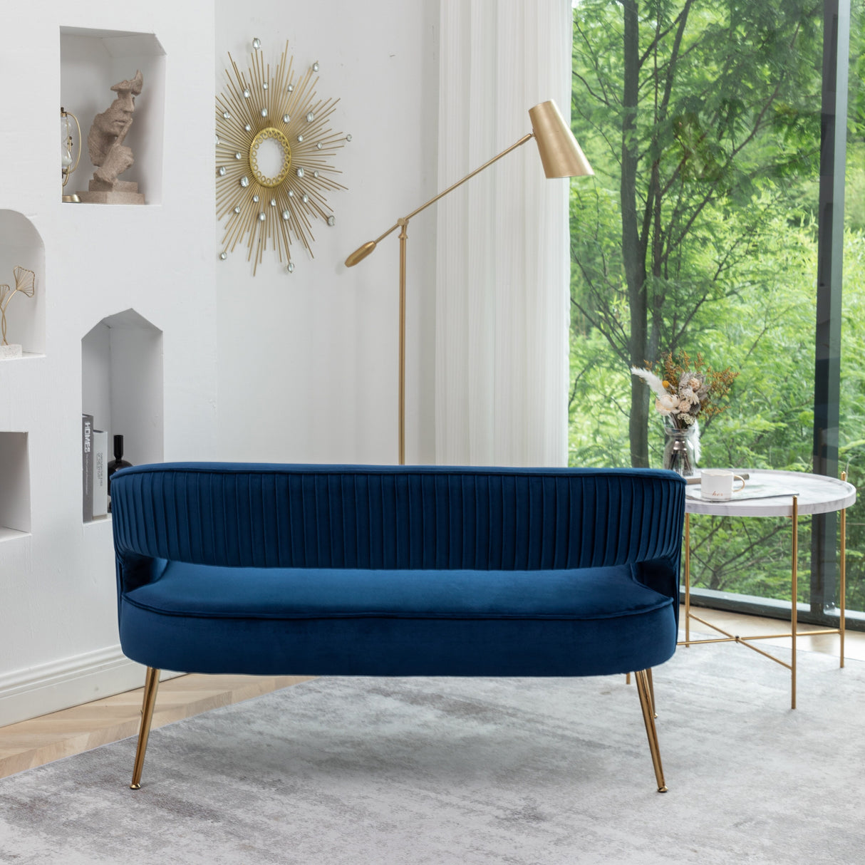 SEYNAR Modern 51'' Velvet Tufted Loveseat Open Back with Golden Metal Legs