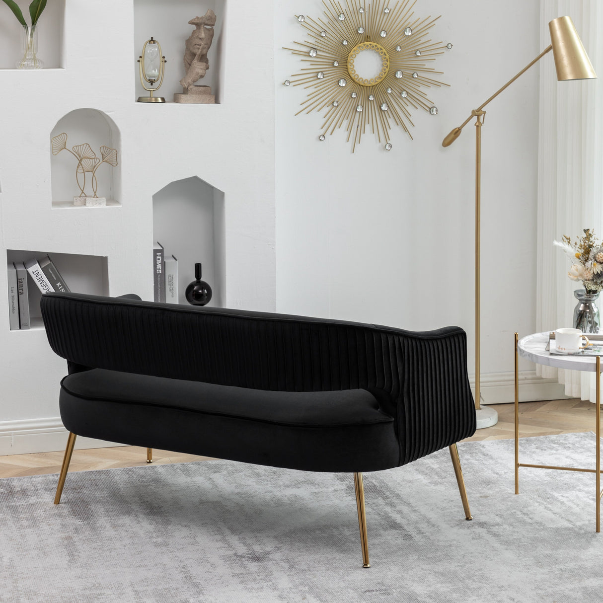 SEYNAR Modern 51'' Velvet Tufted Loveseat Open Back with Golden Metal Legs