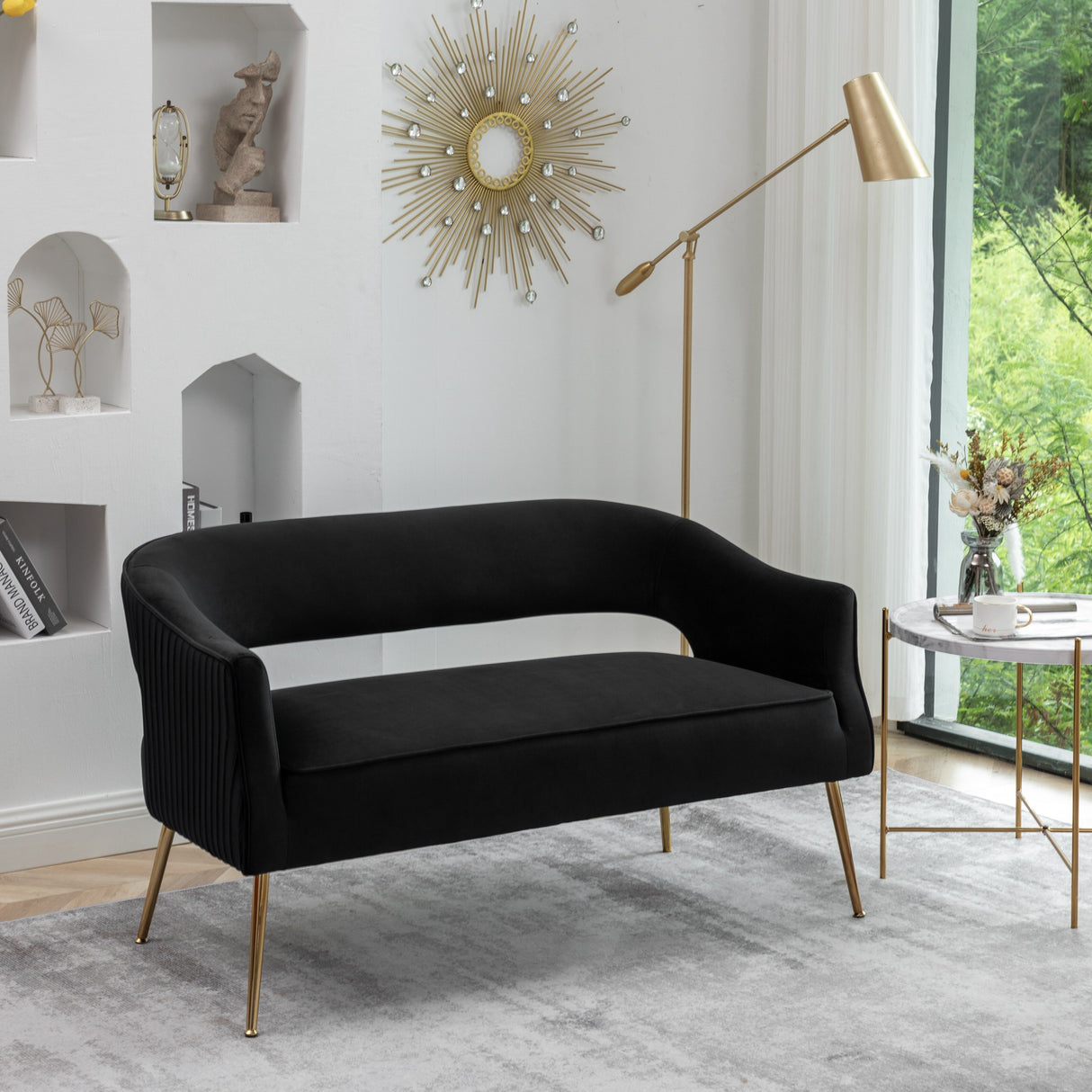 SEYNAR Modern 51'' Velvet Tufted Loveseat Open Back with Golden Metal Legs