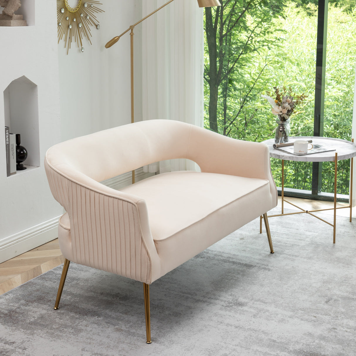 SEYNAR Modern 51'' Velvet Tufted Loveseat Open Back with Golden Metal Legs