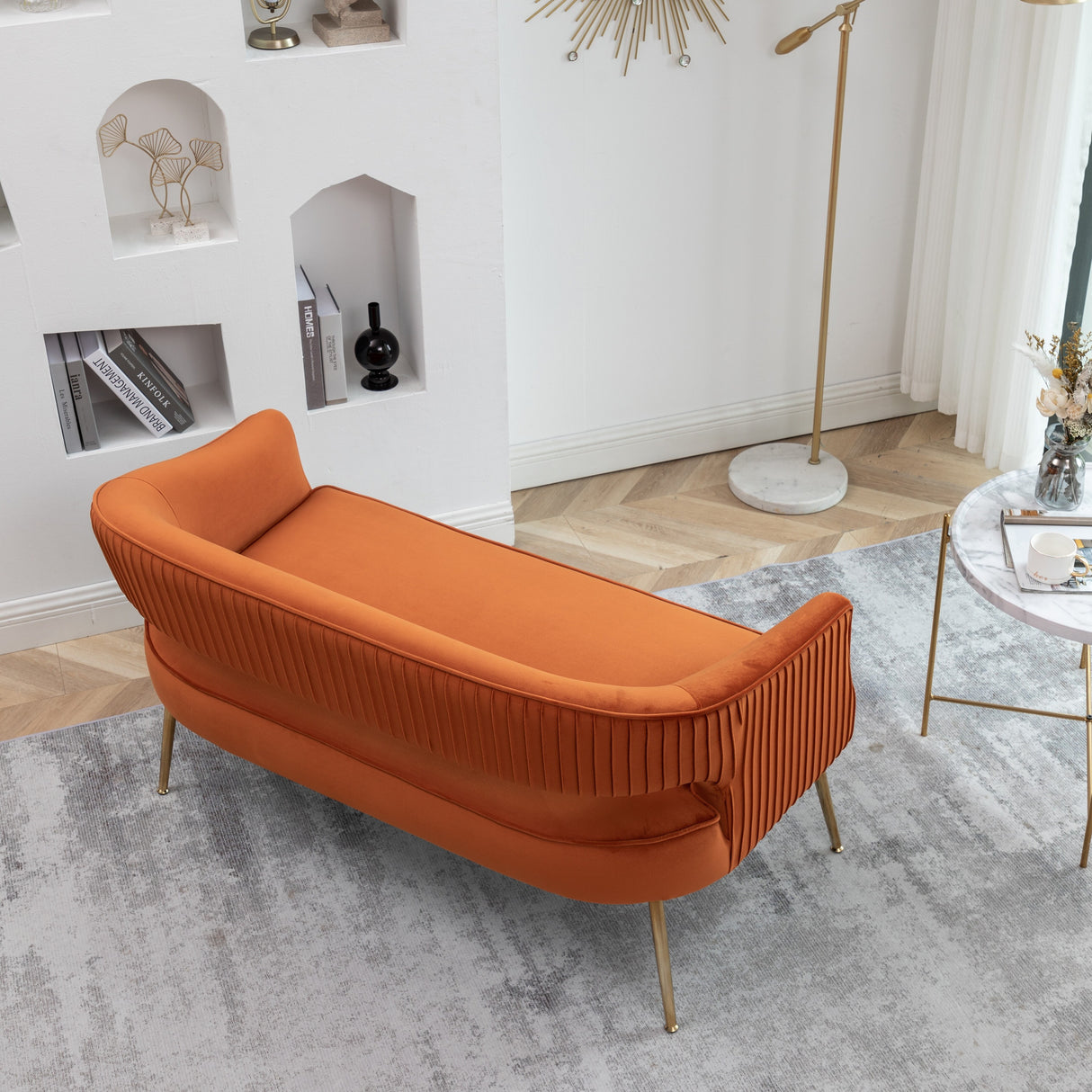 SEYNAR Modern 51'' Velvet Tufted Loveseat Open Back with Golden Metal Legs