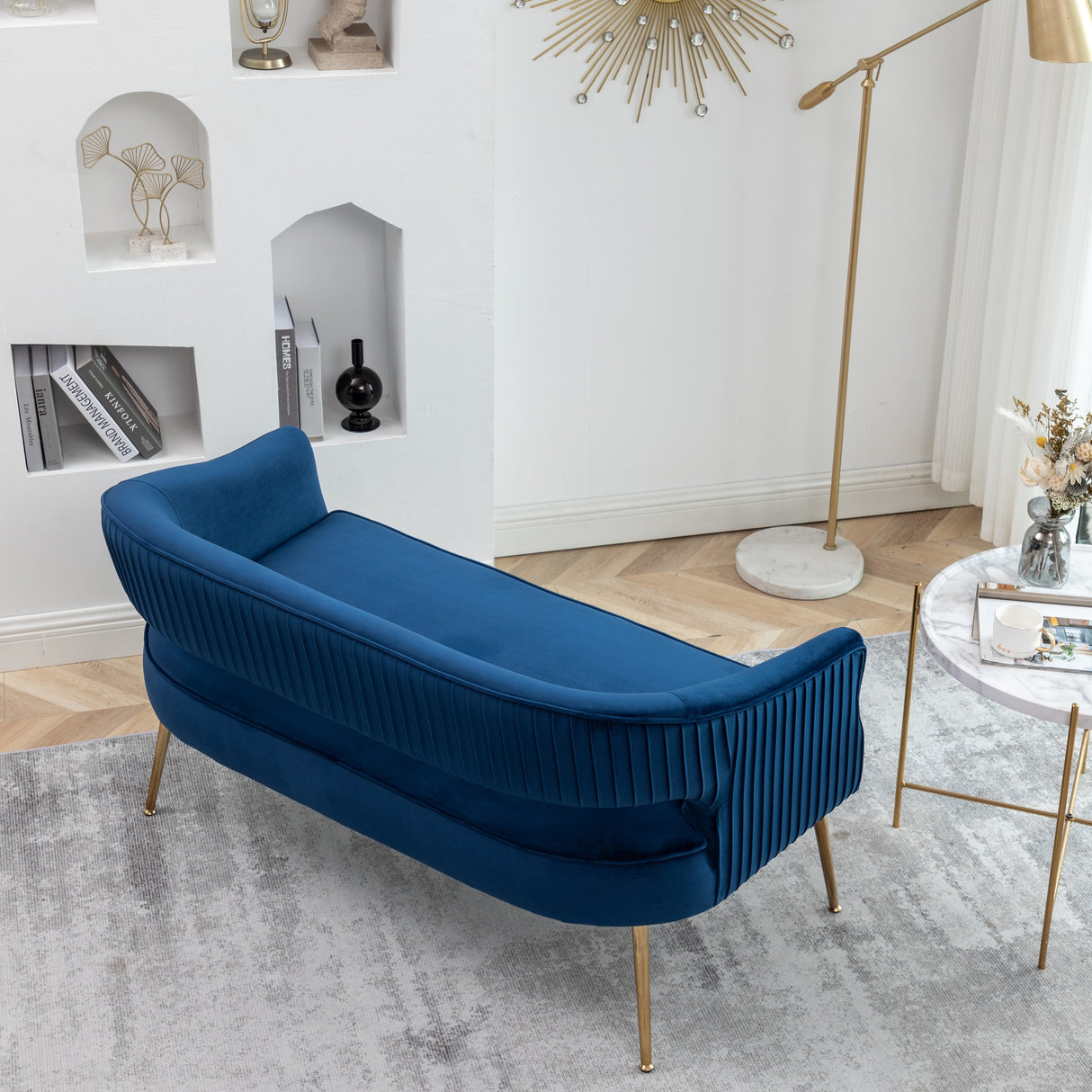 SEYNAR Modern 51'' Velvet Tufted Loveseat Open Back with Golden Metal Legs