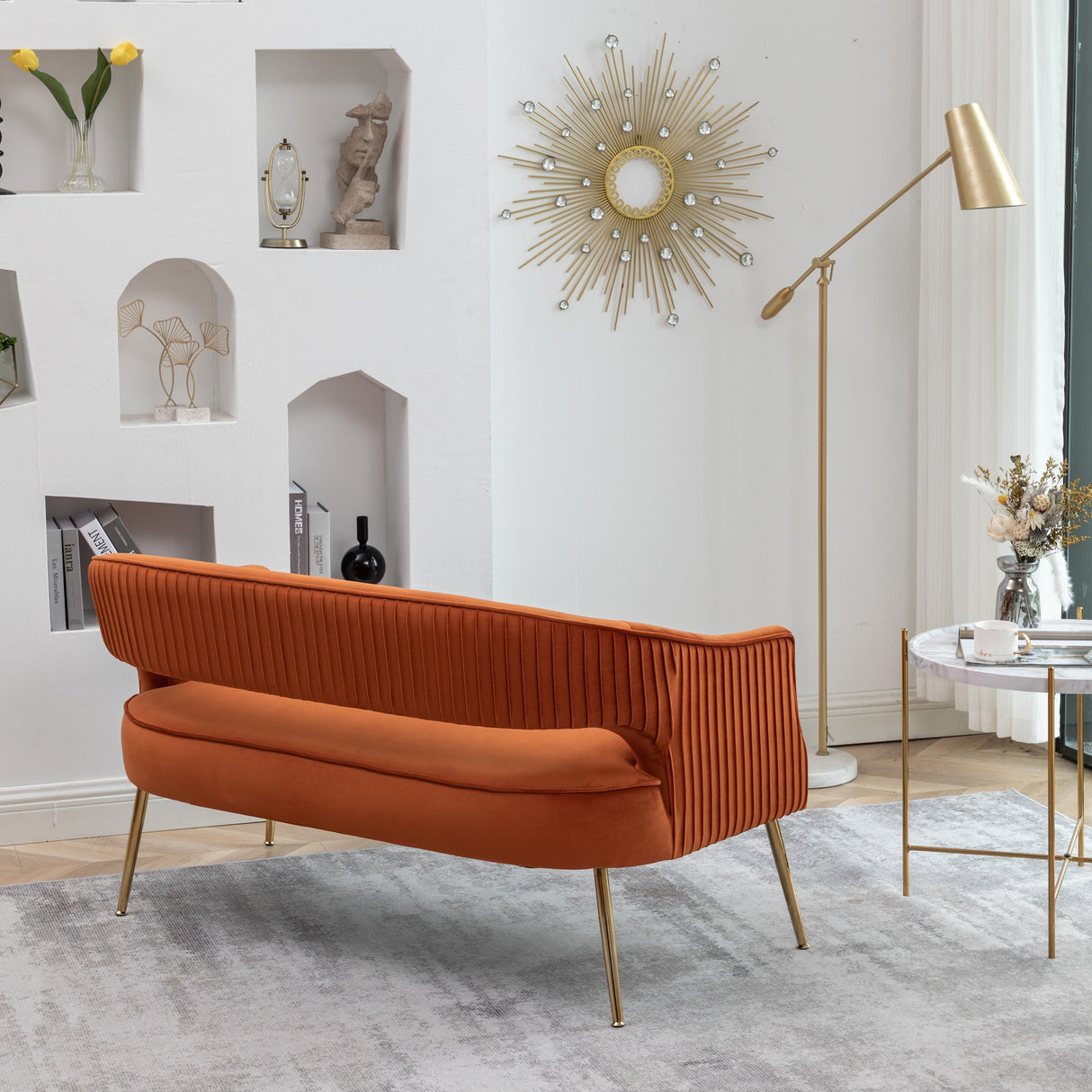 SEYNAR Modern 51'' Velvet Tufted Loveseat Open Back with Golden Metal Legs