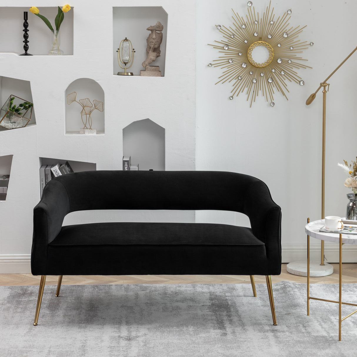SEYNAR Modern 51'' Velvet Tufted Loveseat Open Back with Golden Metal Legs