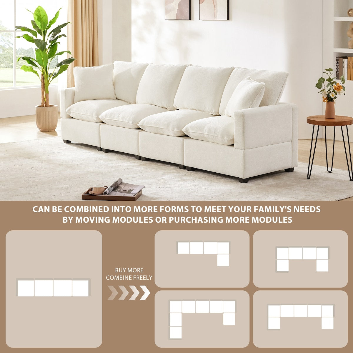 Modern 4-Seat Modular Sofa, Free Combination Sectional Couch Set with 2 Pillows
