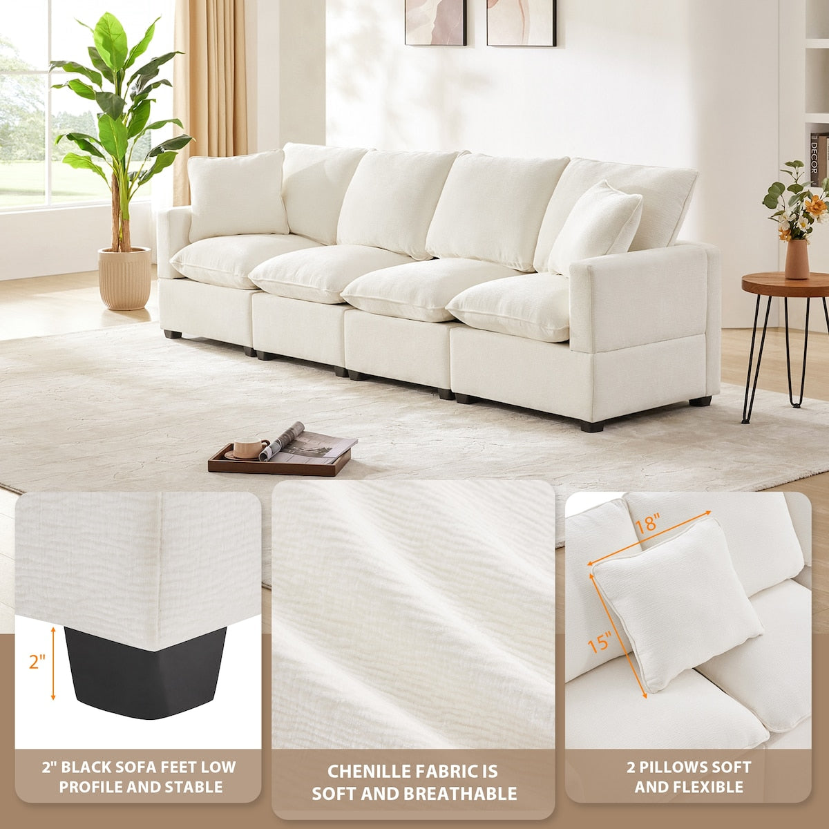 Modern 4-Seat Modular Sofa, Free Combination Sectional Couch Set with 2 Pillows