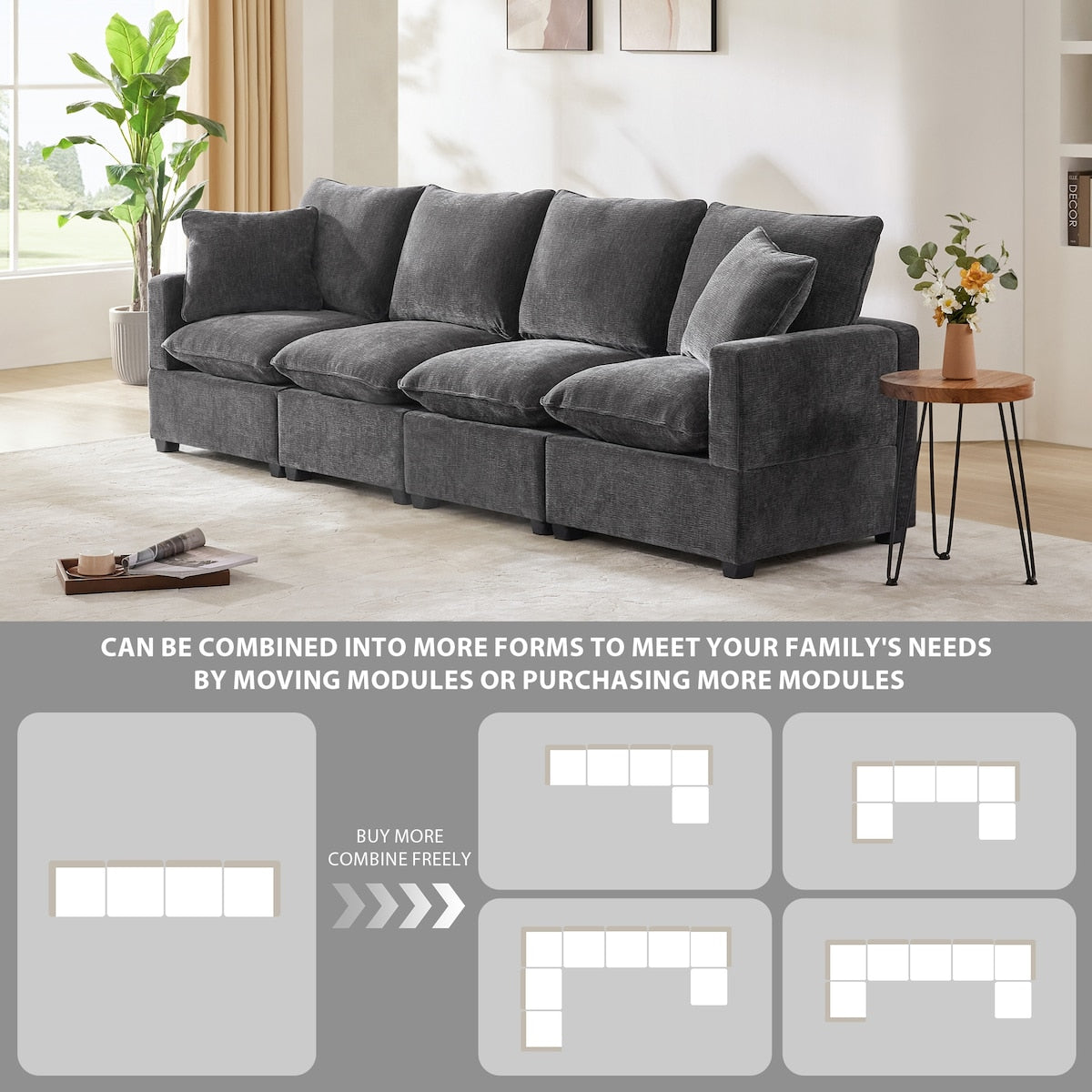 Modern 4-Seat Modular Sofa, Free Combination Sectional Couch Set with 2 Pillows