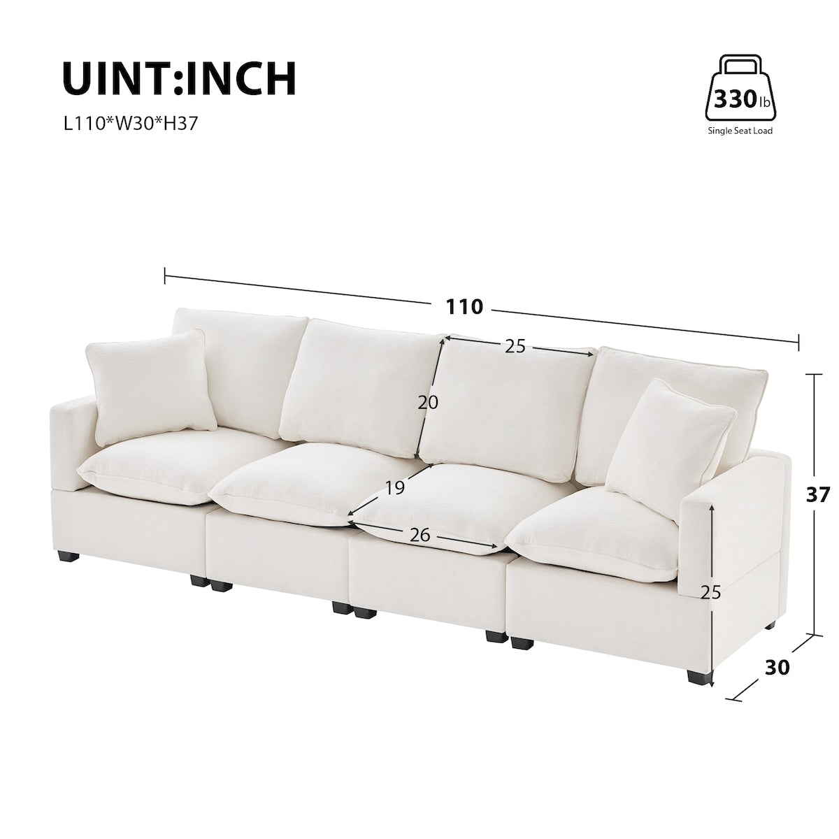 Modern 4-Seat Modular Sofa, Free Combination Sectional Couch Set with 2 Pillows