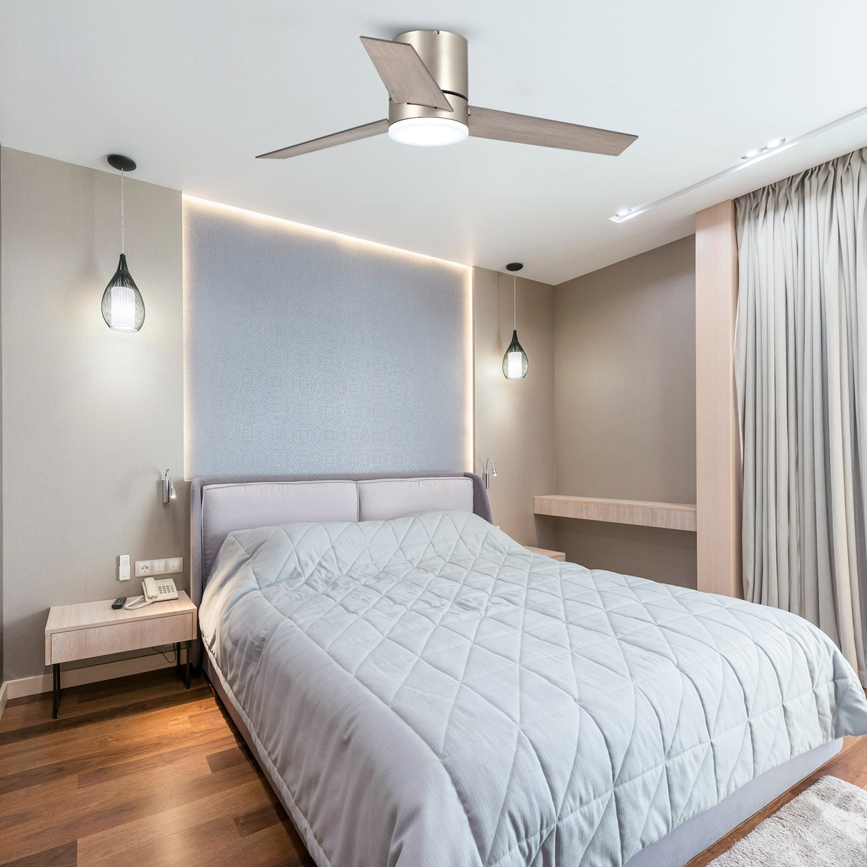 48 inch Modern 3-Blade Wooden Flush Mount Ceiling Fans with Light and Remote