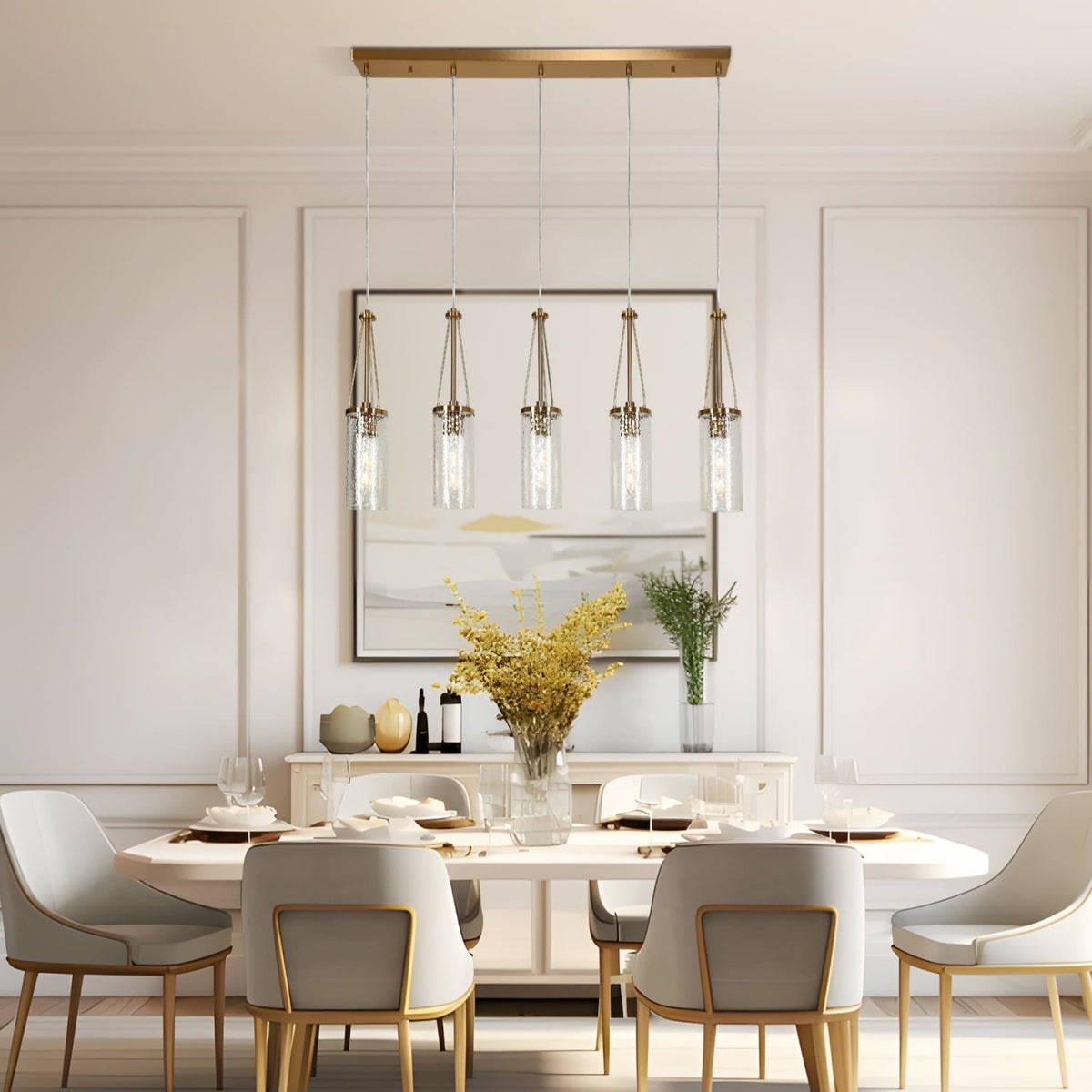 Modern 5-Light Gold Cylinder Glass Chandelier Linear Island Lights for