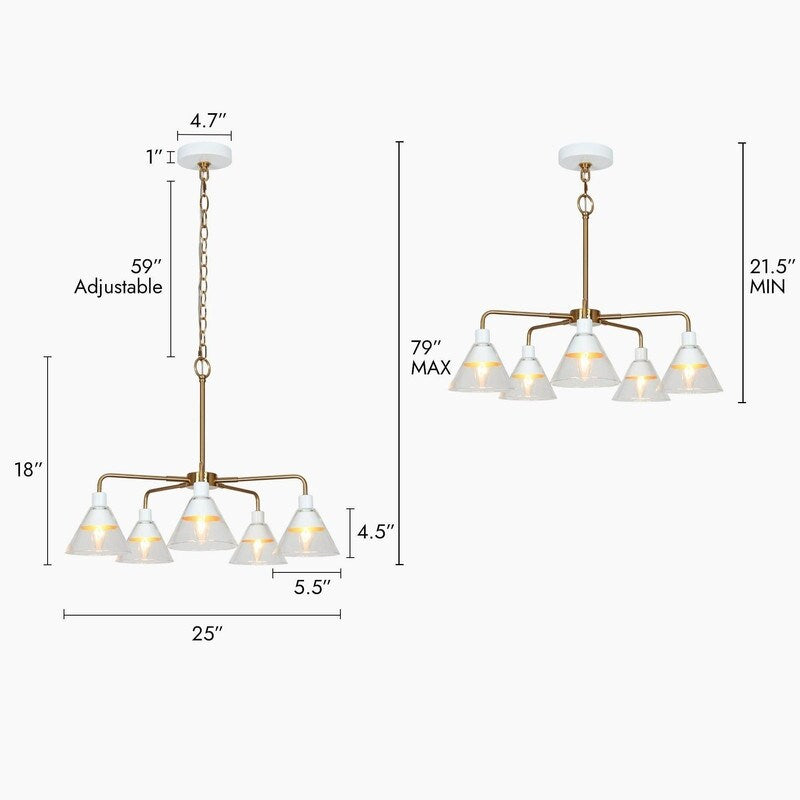 Modern Glam Gold 5 Lights Cone Glass Chandeliers Wagon Wheel Ceiling Lights for Dining Room - D 25" x H 18"