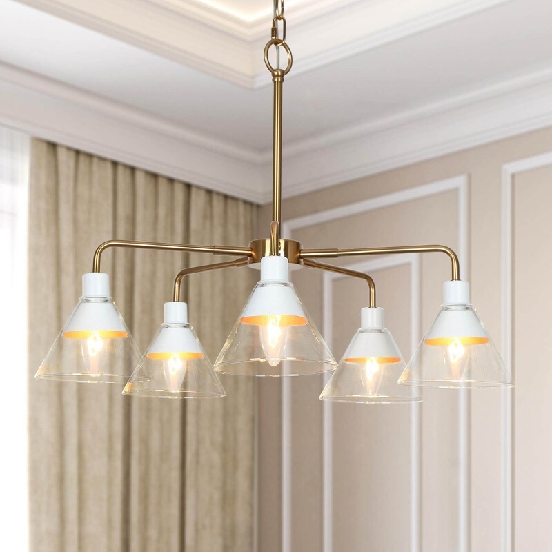 Modern Glam Gold 5 Lights Cone Glass Chandeliers Wagon Wheel Ceiling Lights for Dining Room - D 25" x H 18"