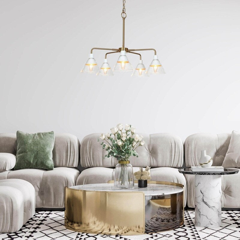 Modern Glam Gold 5 Lights Cone Glass Chandeliers Wagon Wheel Ceiling Lights for Dining Room - D 25" x H 18"
