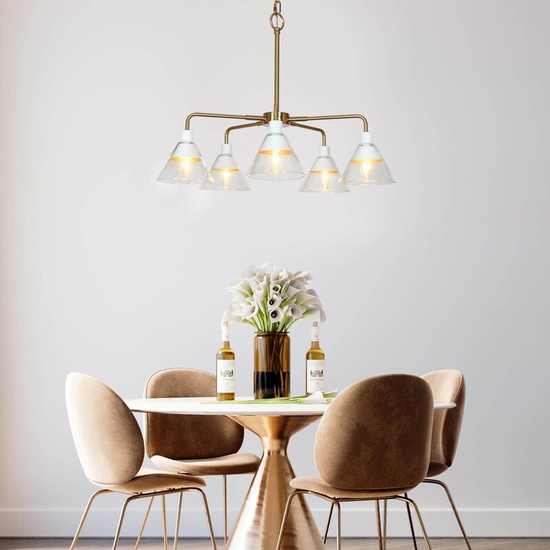 Modern Glam Gold 5 Lights Cone Glass Chandeliers Wagon Wheel Ceiling Lights for Dining Room - D 25" x H 18"
