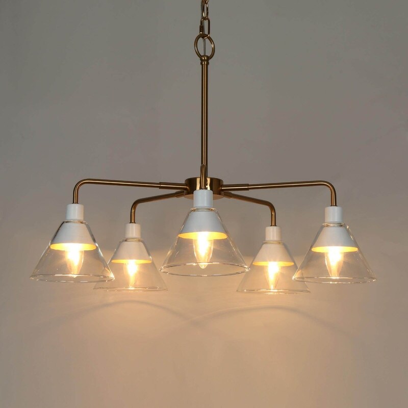 Modern Glam Gold 5 Lights Cone Glass Chandeliers Wagon Wheel Ceiling Lights for Dining Room - D 25" x H 18"